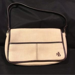 Ralph Lauren Purse - Shoulder, 12”x7”x3”, cream and brown, multiple pockets.